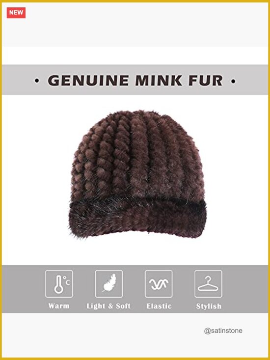 Genuine Mink Fur Knit Hat with Visor Warm Winter Ski Beanie